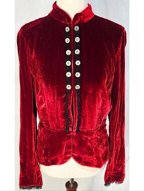Vintage Gothic Victorian Velvet Top Shirt Red Black Button Front Vampire Y2K 90s